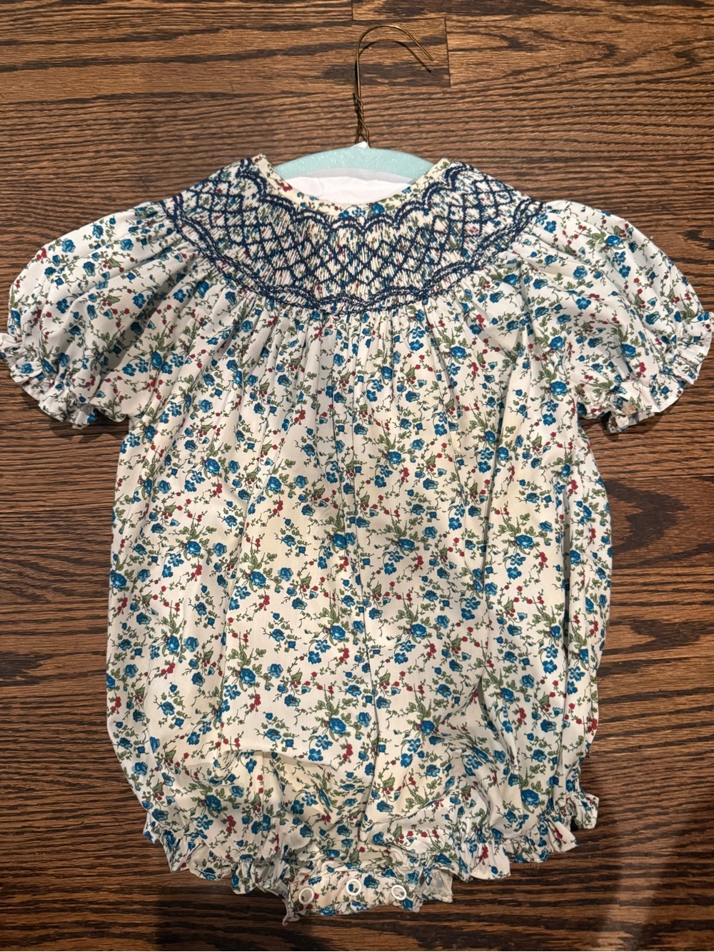 Smocked Floral Bubble Romper - White with Blue Floral